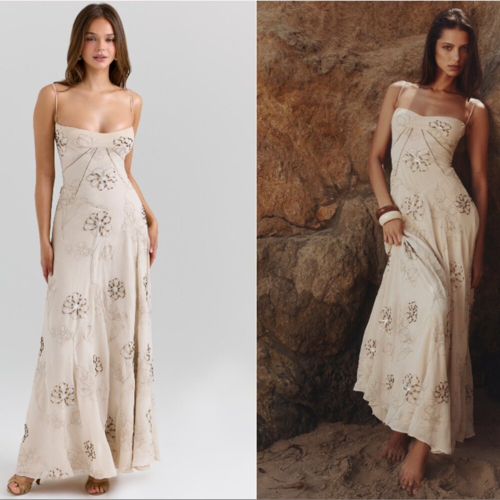 HOUSE OF CB 'Seren' Vanilla Embroidered Hand Beaded Floral Maxi Dress NWOT